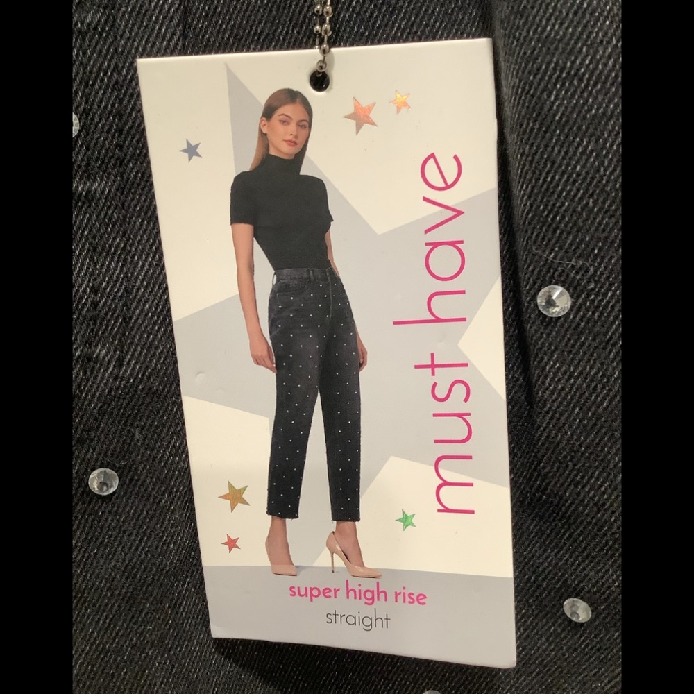 Juniors Straight Super High Rise Buttonfly Jeans With Rhinestones, Size 7 - Picture 7 of 13
